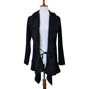 Simon Chang Black Eyelash Trim Ribbed Open Cardigan Jacket Tie Waist Size 4